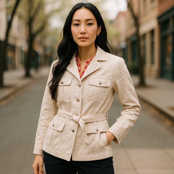 Danae Anthropologie Vintage Women's Button Front Tie Waist Beige Jacket S 4-6 - Picture 1 of 7